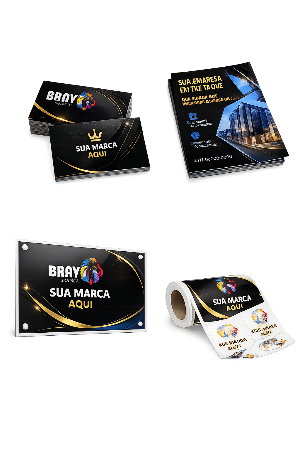 Combo Premium — cartões premium, panfletos, placa PS 60x40 e adesivos personalizados